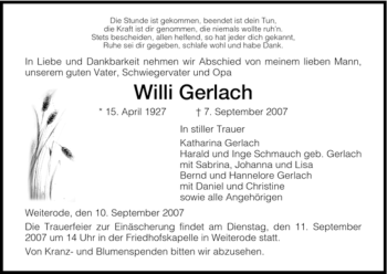 Traueranzeige von Willi Gerlach von HNA