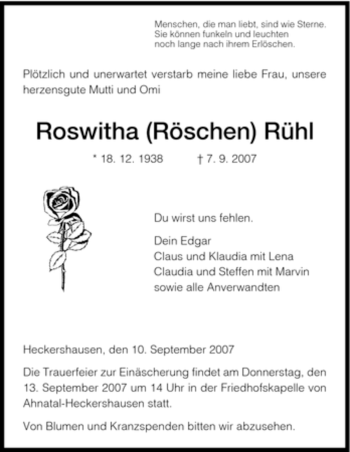 Traueranzeige von Roswitha Rühl von HNA