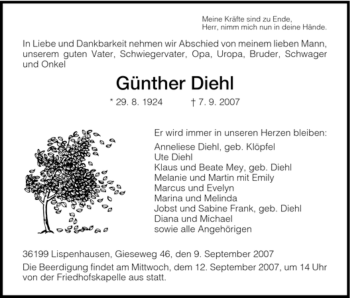 Traueranzeige von Günther Diehl von HNA