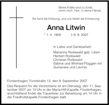 Traueranzeige von Anna Litwin von HNA