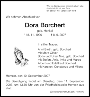 Traueranzeige von Dora Borchert von HNA