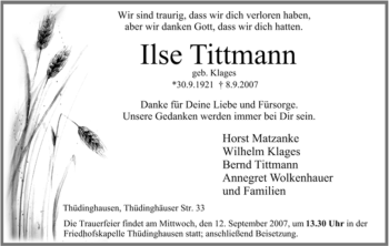 Traueranzeige von Ilse Tittmann von HNA