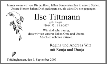 Traueranzeige von Ilse Tittmann von HNA