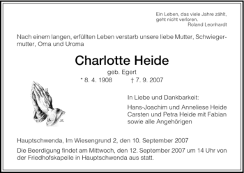 Traueranzeige von Charlotte Heide von HNA