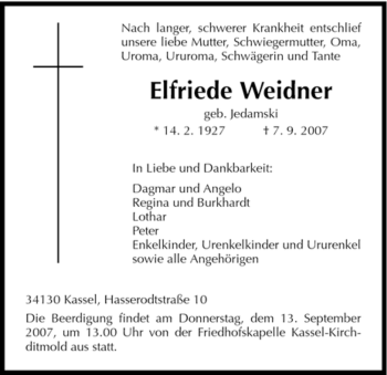 Traueranzeige von Elfriede Weidner von HNA