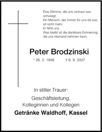 Traueranzeige von Peter Brodzinski von HNA