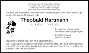 Traueranzeige von Theobald Hartmann von HNA