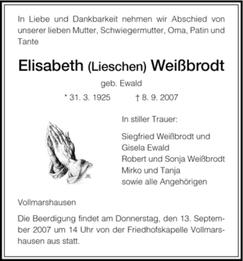 Traueranzeige von Elisabeth Weißbrodt von HNA