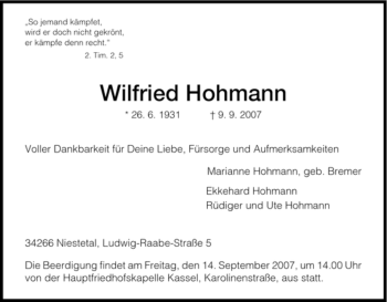 Traueranzeige von Wilfried Hohmann von HNA