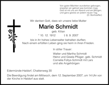 Traueranzeige von Marie Schmidt von HNA