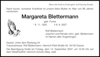 Traueranzeige von Margareta Blettermann von HNA