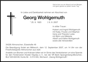 Traueranzeige von Georg Wohlgemuth von HNA