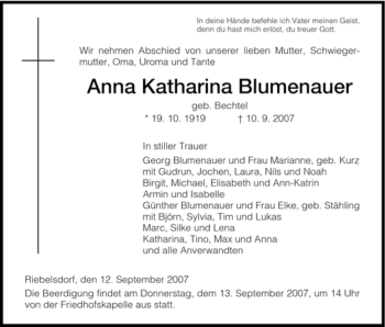 Traueranzeige von Anna Katharina Blumenauer von HNA