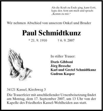 Traueranzeige von Paul Schmidtkunz von HNA