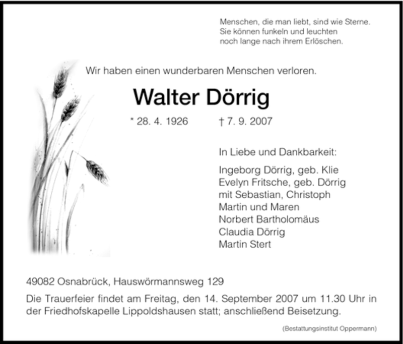  Traueranzeige für Walter Dörrig vom 12.09.2007 aus HNA