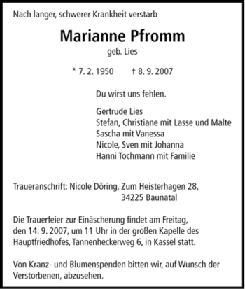 Traueranzeige von Mariann Pfromm von HNA