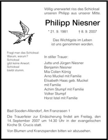 Traueranzeige von Philipp Niesner von HNA