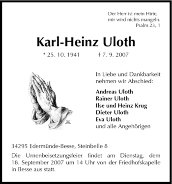 Traueranzeige von Karl-Heinz Uloth von HNA