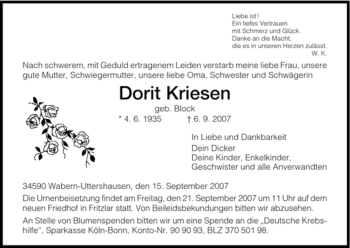 Traueranzeige von Dorit Kriesen von HNA