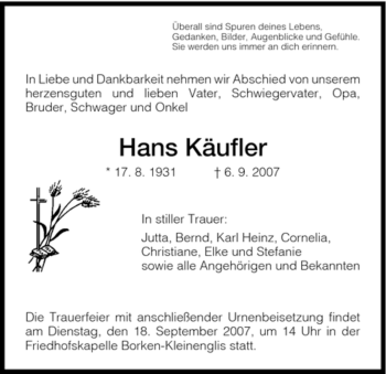 Traueranzeige von Hans Käufler von HNA