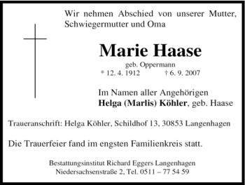 Traueranzeige von Marie Haase von HNA