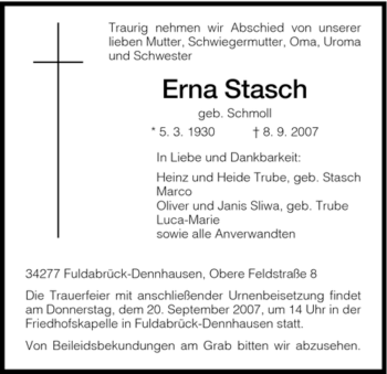 Traueranzeige von Erna Stasch von HNA