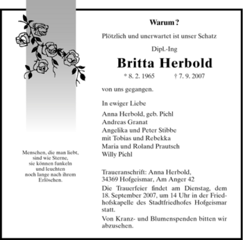 Traueranzeige von Britta Herbold von HNA