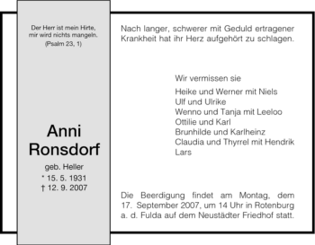 Traueranzeige von Anni Ronsdorf von HNA