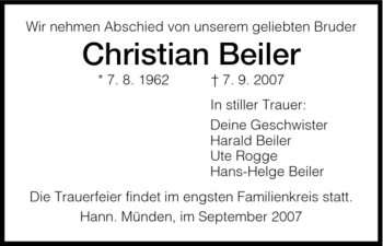 Traueranzeige von Christian Beiler von HNA