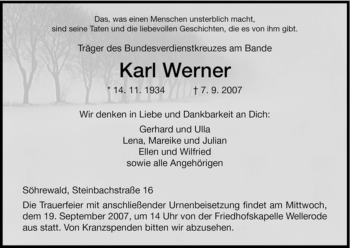 Traueranzeige von Karl Werner von HNA