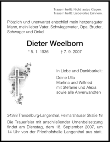 Traueranzeige von Dieter Weelborn von HNA