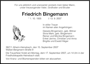 Traueranzeige von Friedrich Bingemann von HNA