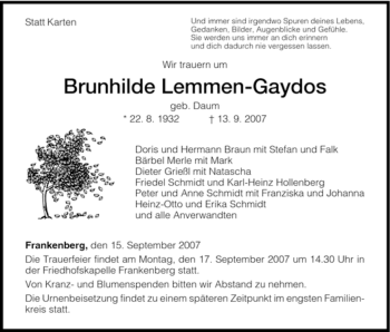 Traueranzeige von Brunhilde Lemmen-Gaydos von HNA