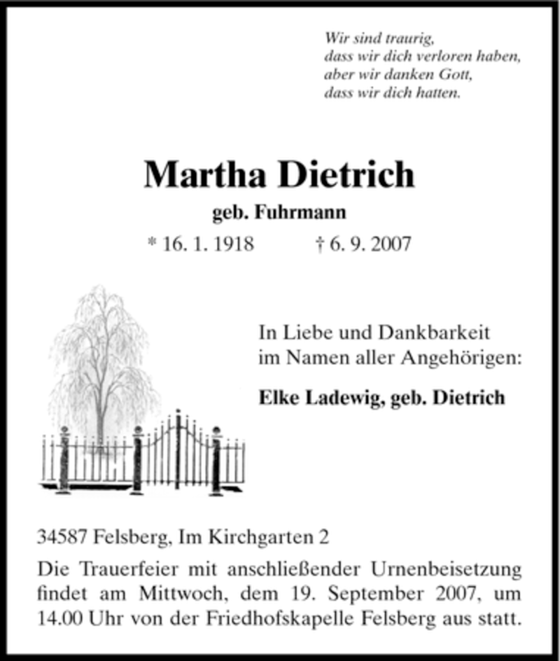 Traueranzeigen Von Martha Dietrich | Trauer.HNA.de