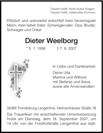 Traueranzeige von Dieter Weelborg von HNA