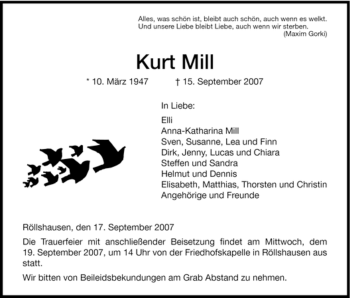 Traueranzeige von Kurt Mill von HNA