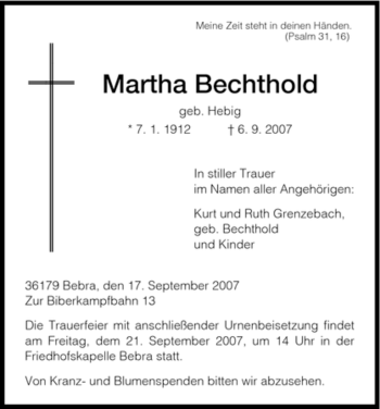 Traueranzeige von Martha Bechthold von HNA