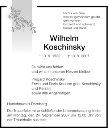 Traueranzeige von Wilhelm Koschinsky von HNA