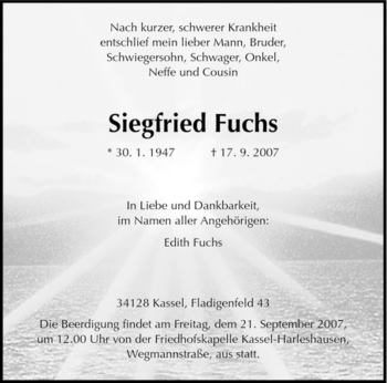 Traueranzeige von Siegfried Fuchs von HNA