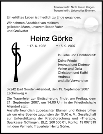 Traueranzeige von Heinz Görke von HNA