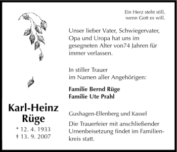 Traueranzeige von Karl-Heinz Rüge von HNA
