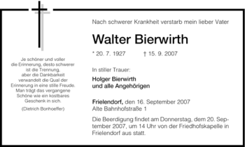 Traueranzeige von Walter Bierwirth von HNA