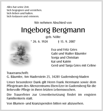 Traueranzeige von Ingeborg Bergmann von HNA