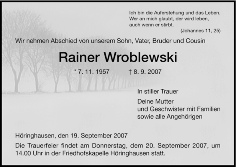  Traueranzeige für Rainer Wroblewski vom 19.09.2007 aus HNA
