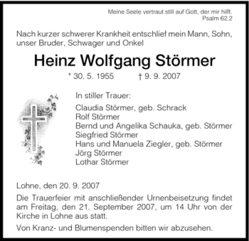 Traueranzeige von Heinz Wolfgang Störmer von HNA