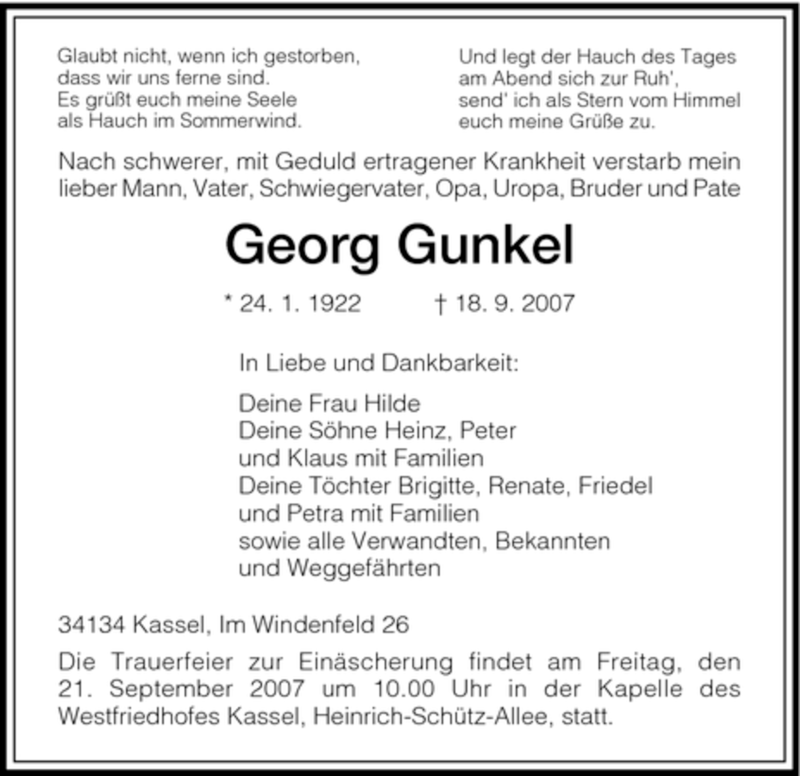  Traueranzeige für Georg Gunkel vom 20.09.2007 aus HNA