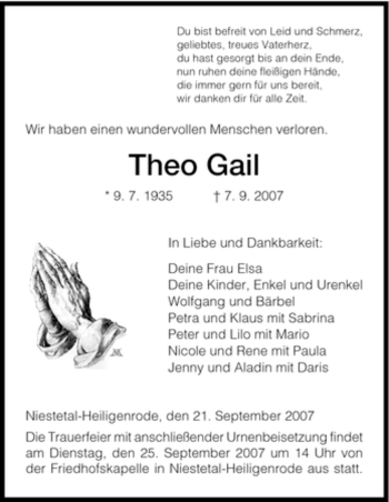 Traueranzeige von Theo Gail von HNA