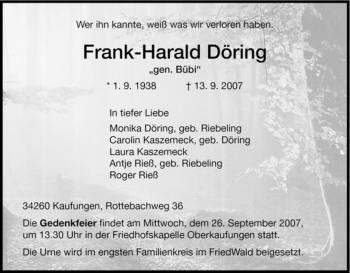 Traueranzeige von Frank-Harald Döring von HNA