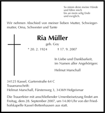 Traueranzeige von Ria Müller von HNA