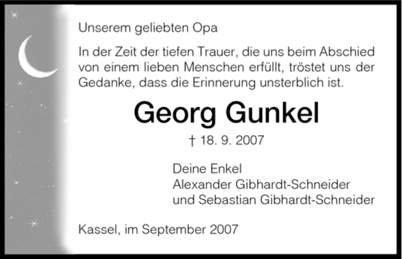  Traueranzeige für Georg Gunkel vom 22.09.2007 aus HNA